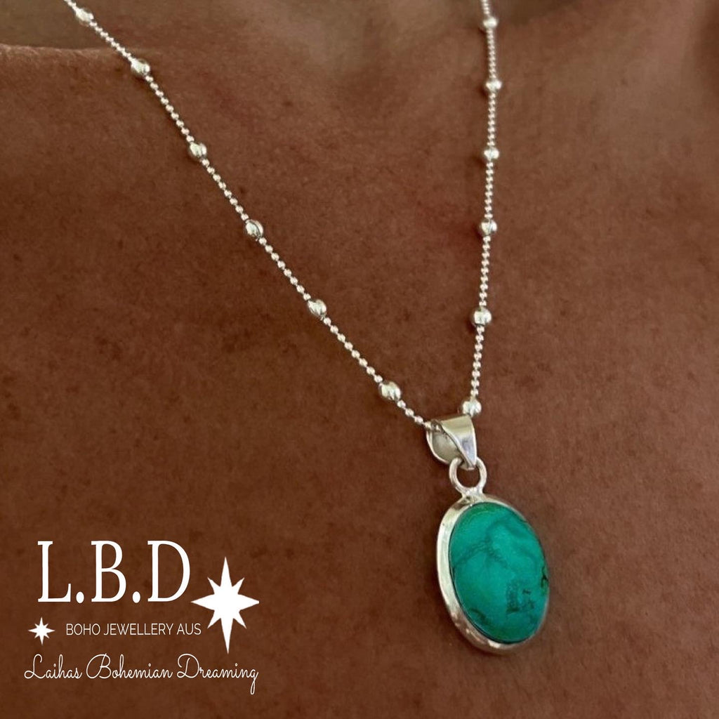 Laihas Classic Chic Oval Turquoise Necklace Gemstone Sterling Silver necklace Laihas Bohemian Dreaming -L.B.D
