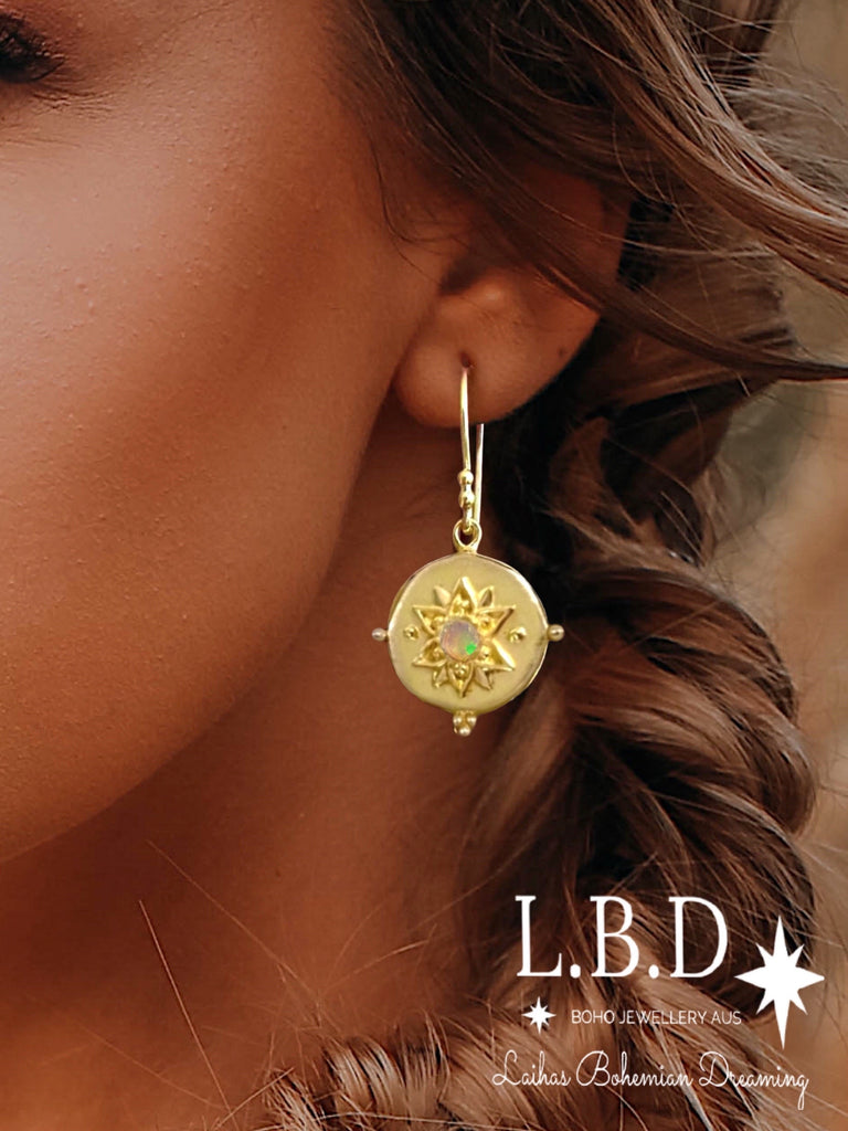 Laihas Large Vera May Gold Opal Earrings Gold Gemstone earrings Laihas Bohemian Dreaming -L.B.D