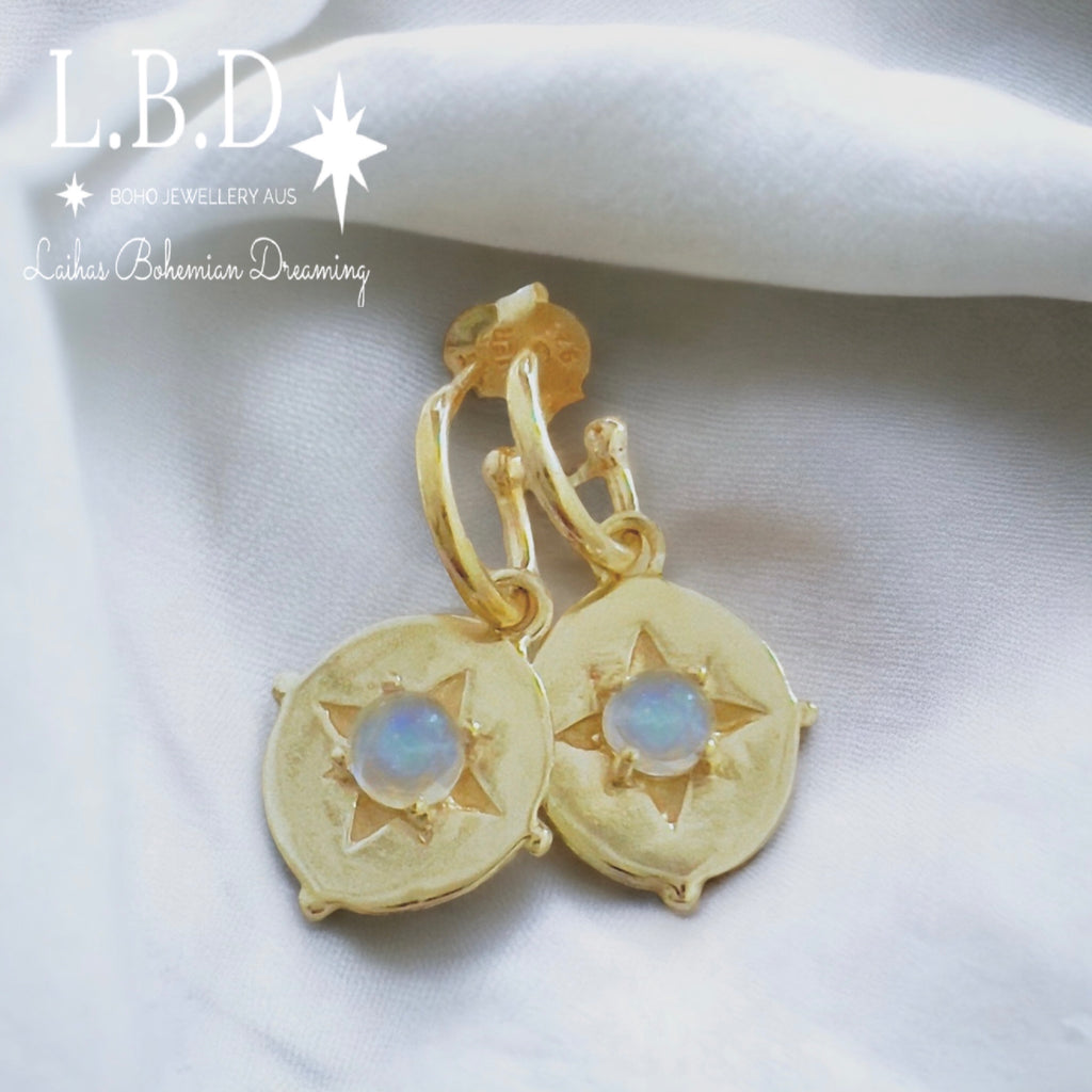 Laihas Hope & Guiding Light Gold Moonstone Hoop Earrings Gold Gemstone earrings Laihas Bohemian Dreaming -L.B.D