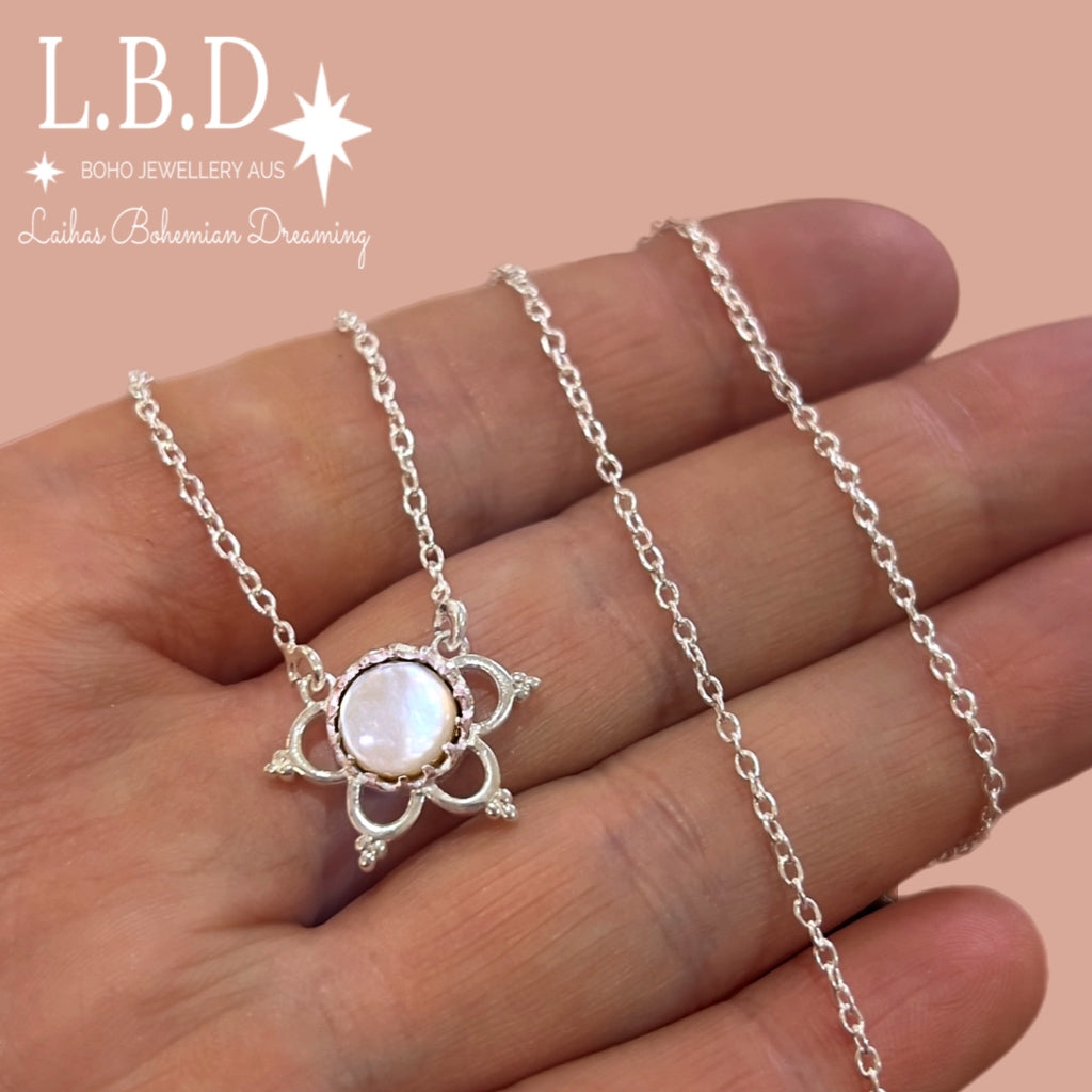 Laihas Uplifting Flower Mother Of Pearl Necklace Gemstone Sterling Silver necklace Laihas Bohemian Dreaming -L.B.D