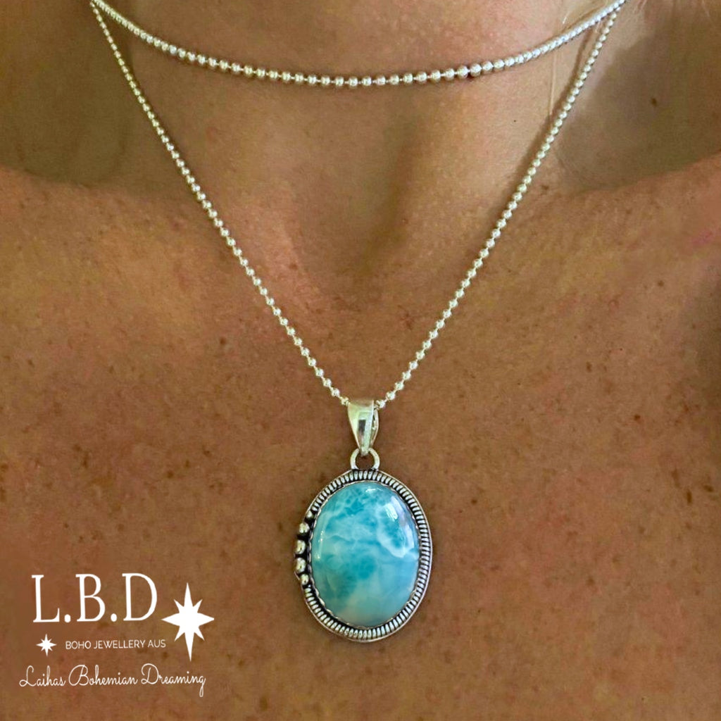 Laihas Large Bohemian Larimar Necklace Gemstone Sterling Silver necklace Laihas Bohemian Dreaming -L.B.D