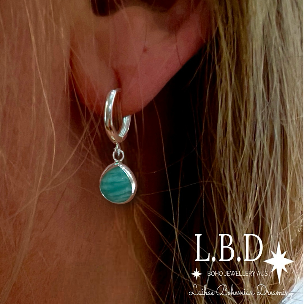 Laihas Raining Hearts Amazonite Hoop Earrings Gemstone Sterling Silver Earrings Laihas Bohemian Dreaming -L.B.D