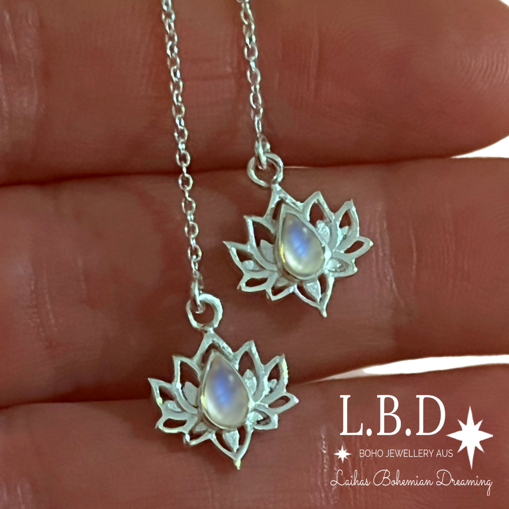 Opulent Lotus Flower Threader Style Moonstone Earrings Gemstone Sterling Silver Earrings Laihas Bohemian Dreaming -L.B.D