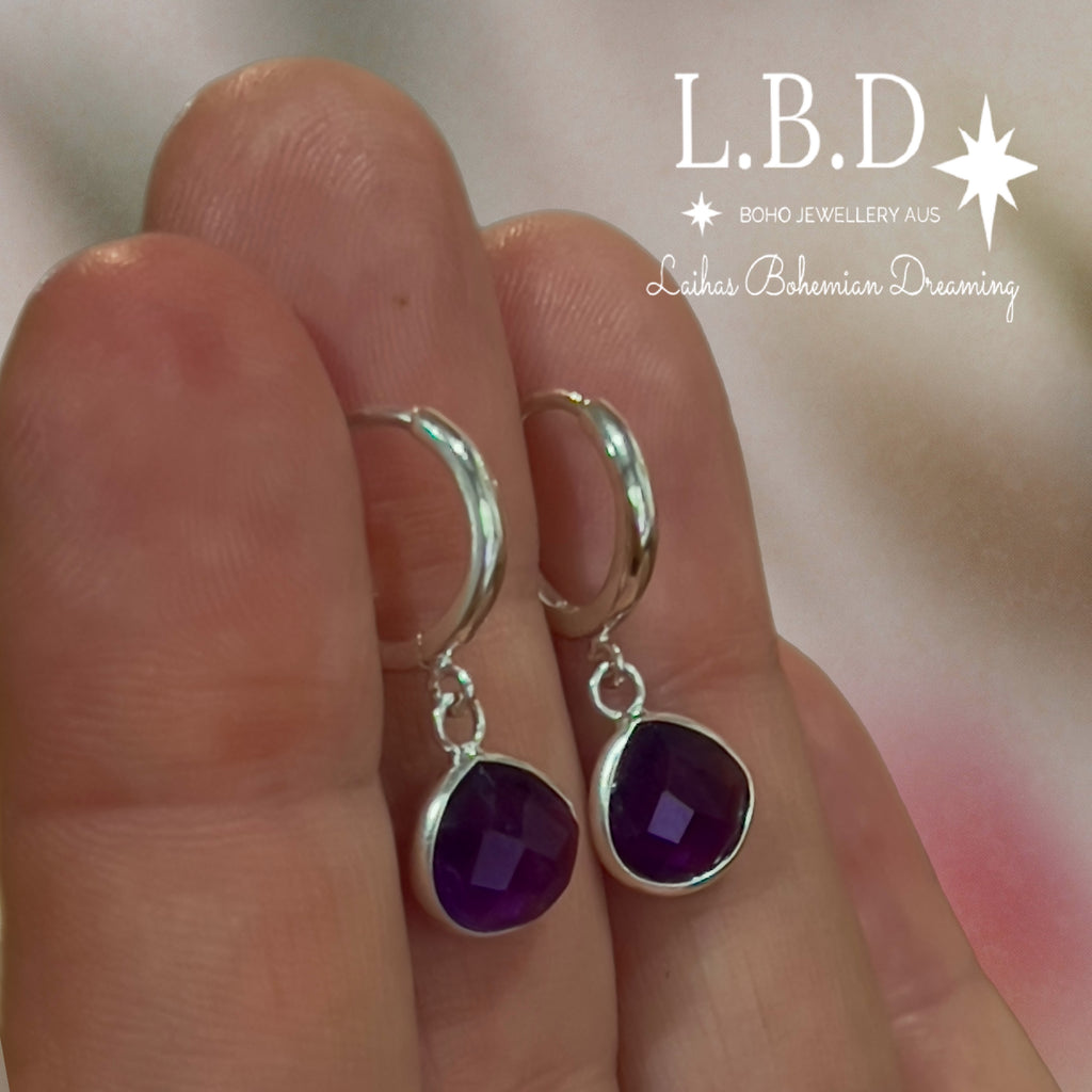 Laihas Raining Hearts Amethyst Hoop Earrings Gemstone Sterling Silver Earrings Laihas Bohemian Dreaming -L.B.D