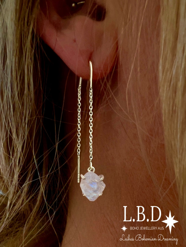 Laihas Raw Moonstone Threader Earrings Gemstone Sterling Silver Earrings Laihas Bohemian Dreaming -L.B.D