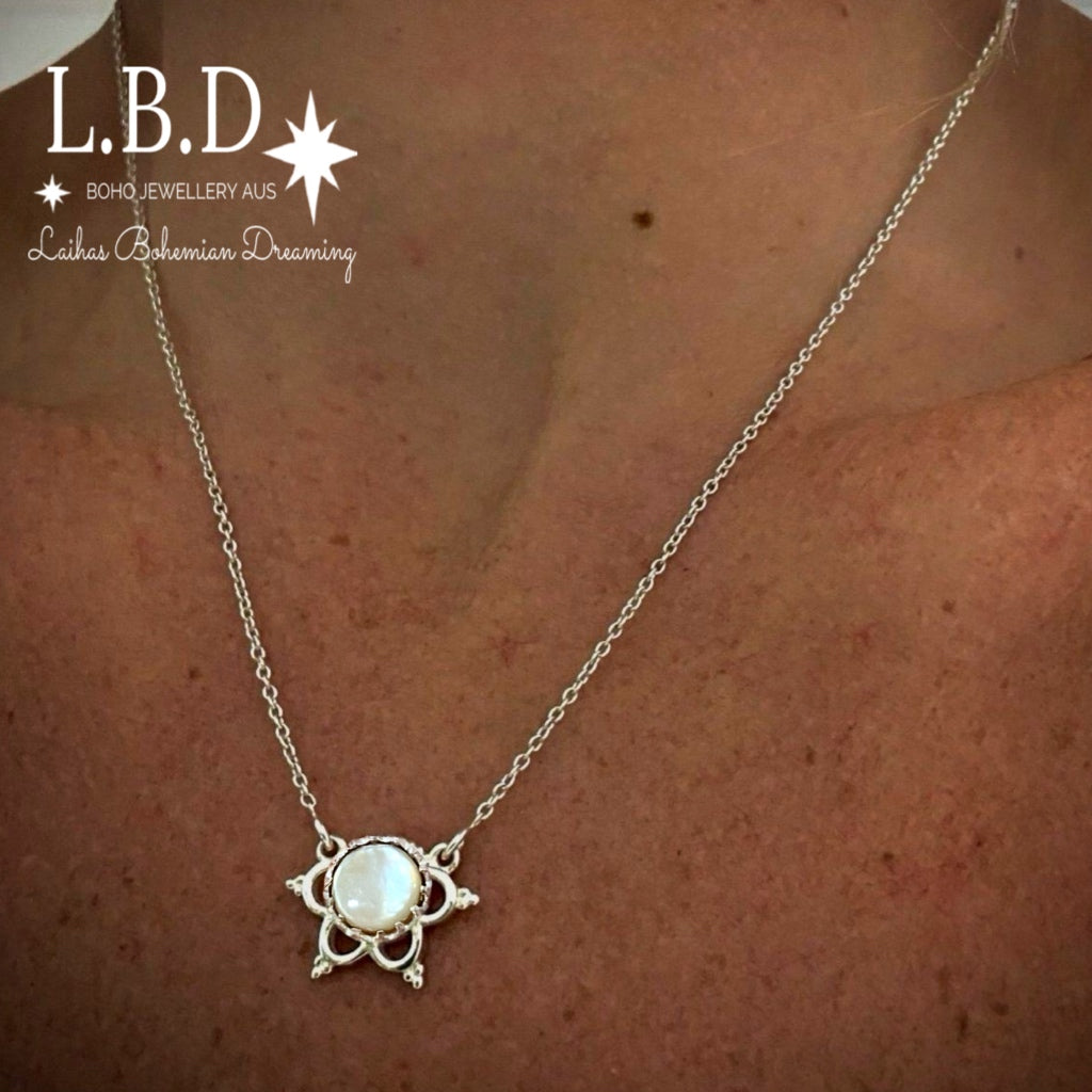 Laihas Uplifting Flower Mother Of Pearl Necklace Gemstone Sterling Silver necklace Laihas Bohemian Dreaming -L.B.D