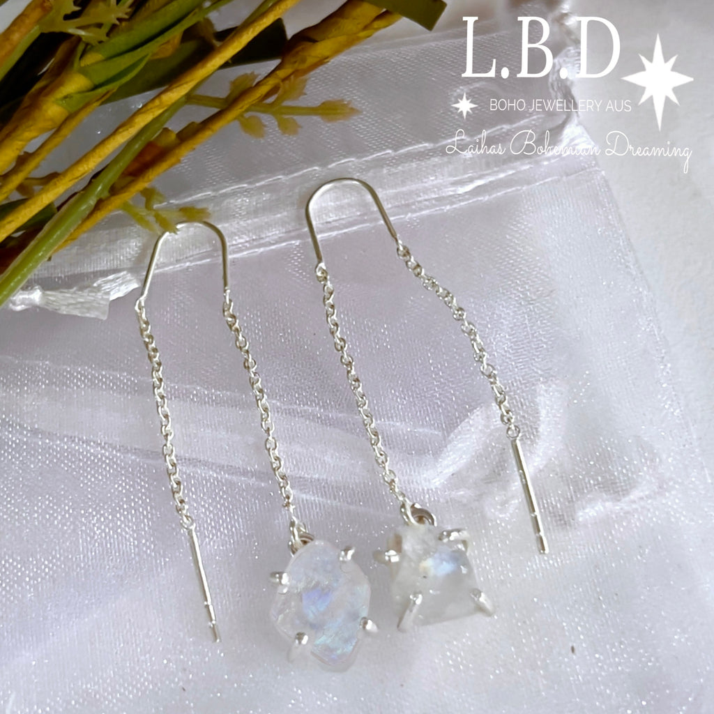 Laihas Raw Moonstone Threader Earrings Gemstone Sterling Silver Earrings Laihas Bohemian Dreaming -L.B.D