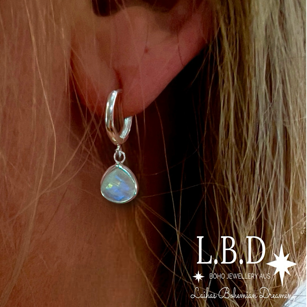 Laihas Raining Hearts Moonstone Hoop Earrings Gemstone Sterling Silver Earrings Laihas Bohemian Dreaming -L.B.D