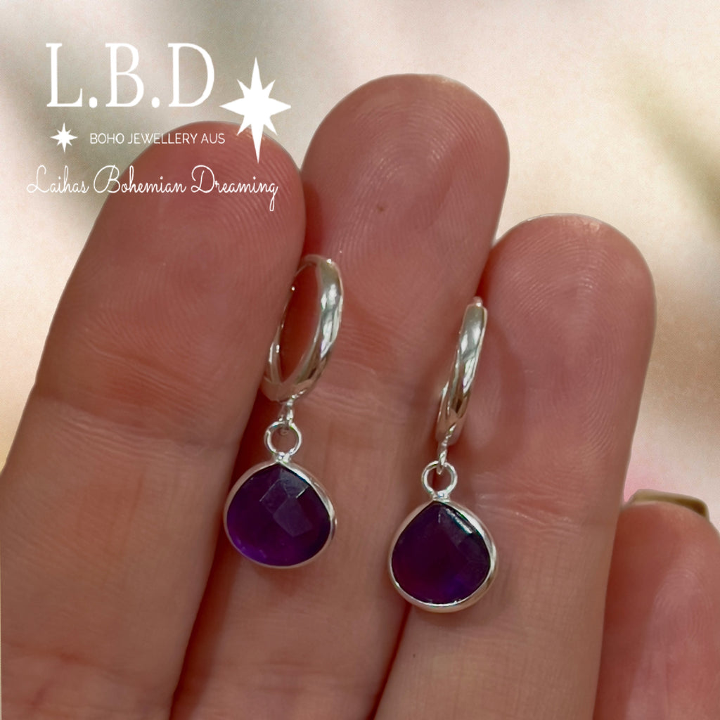 Laihas Raining Hearts Amethyst Hoop Earrings Gemstone Sterling Silver Earrings Laihas Bohemian Dreaming -L.B.D
