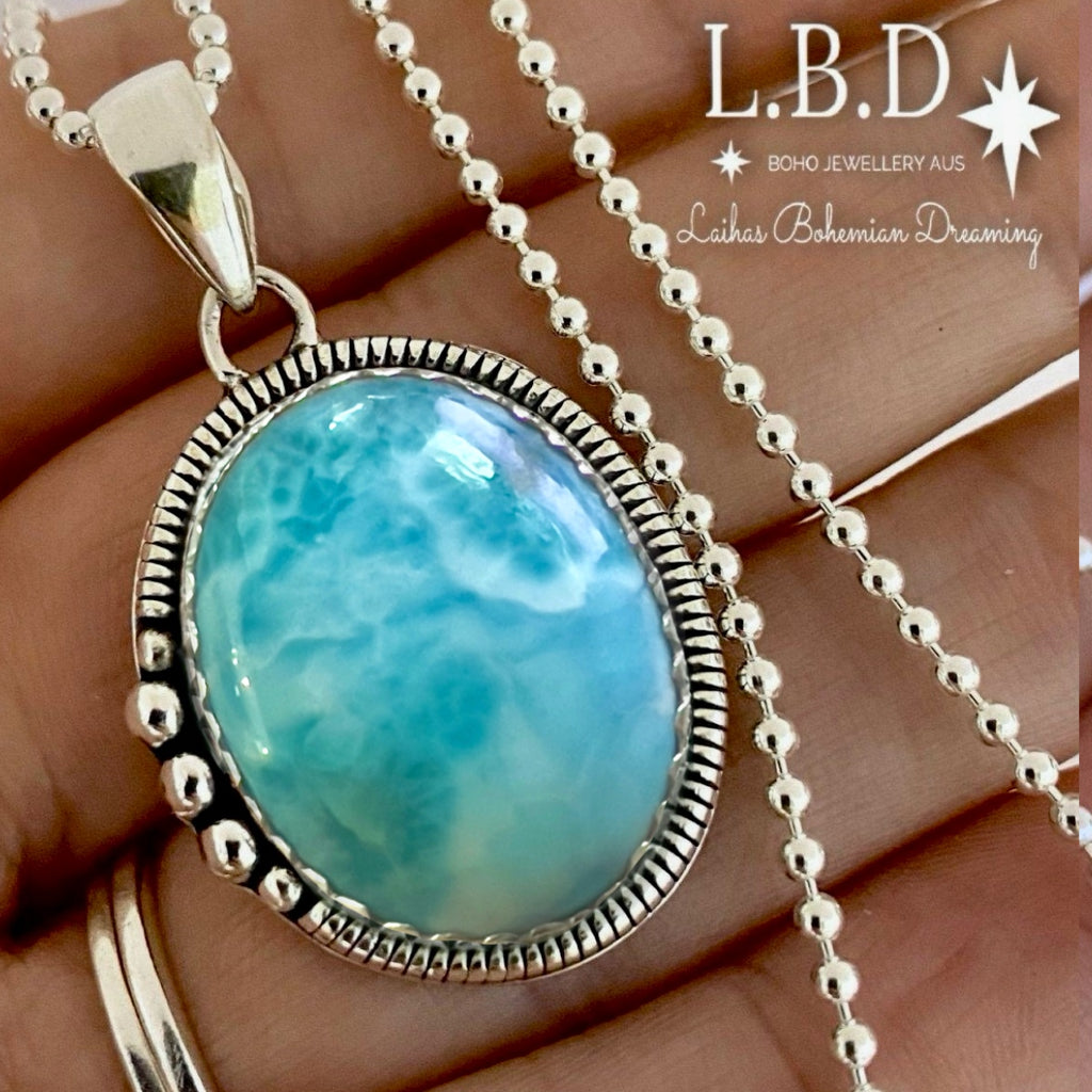 Laihas Large Bohemian Larimar Necklace Gemstone Sterling Silver necklace Laihas Bohemian Dreaming -L.B.D