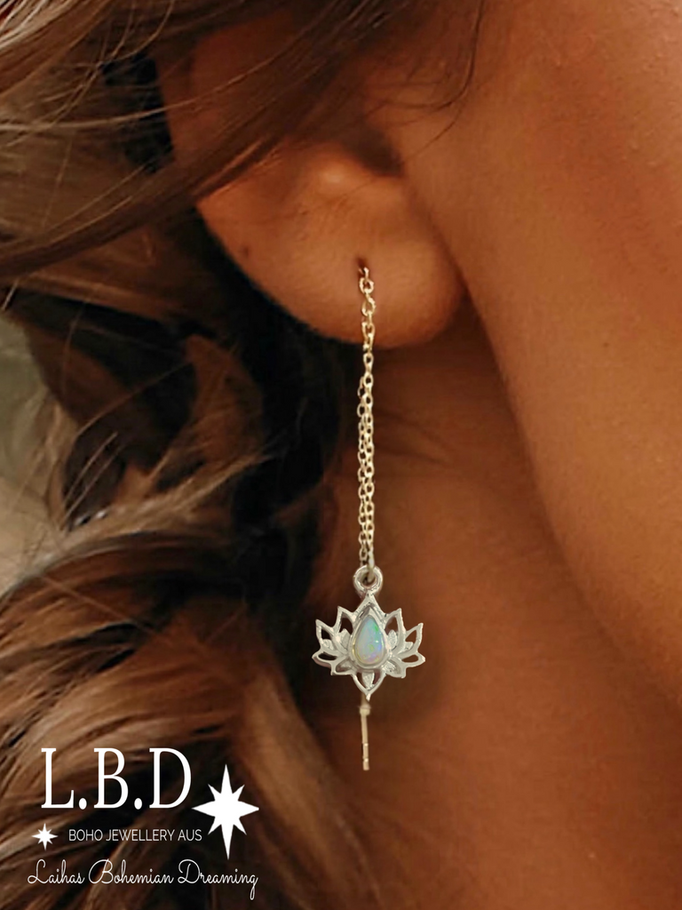 Opulent Lotus Flower Threader Style Opal Earrings Gemstone Sterling Silver Earrings Laihas Bohemian Dreaming -L.B.D