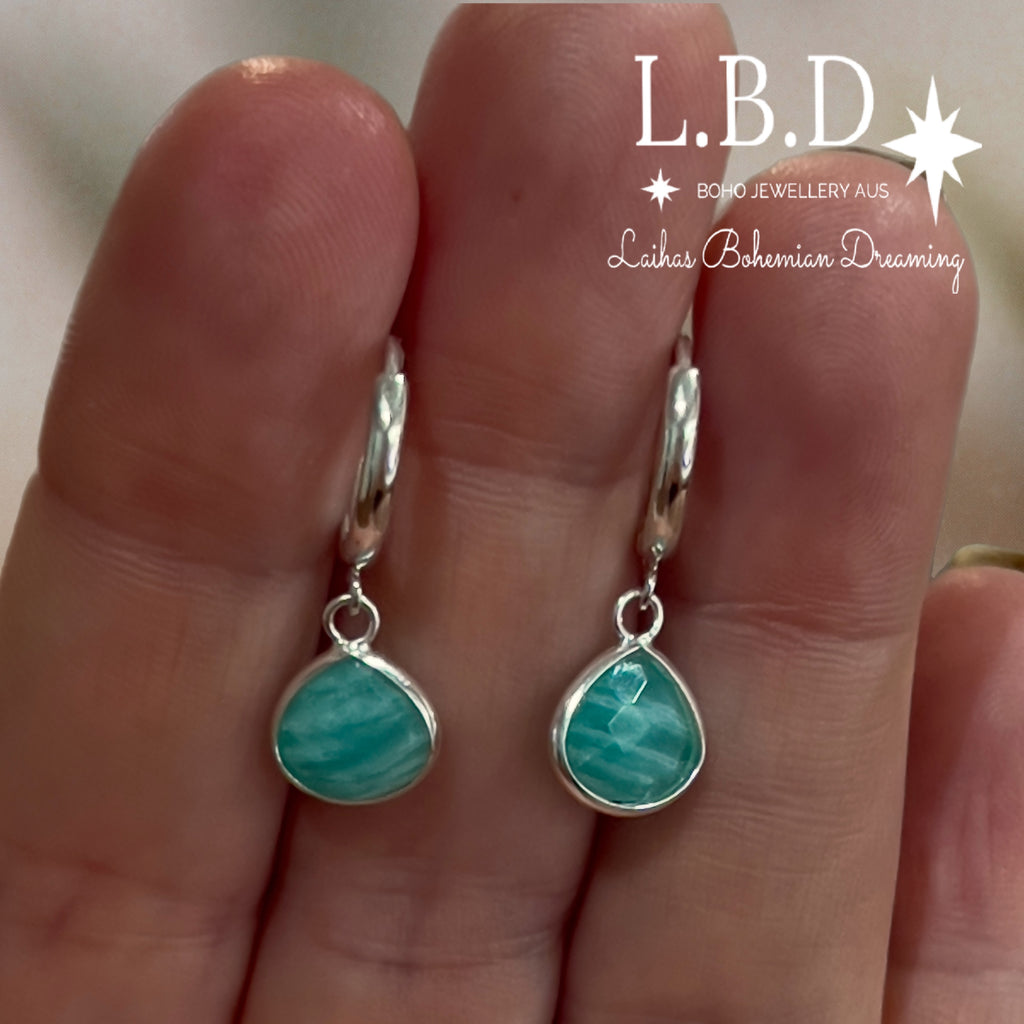 Laihas Raining Hearts Amazonite Hoop Earrings Gemstone Sterling Silver Earrings Laihas Bohemian Dreaming -L.B.D