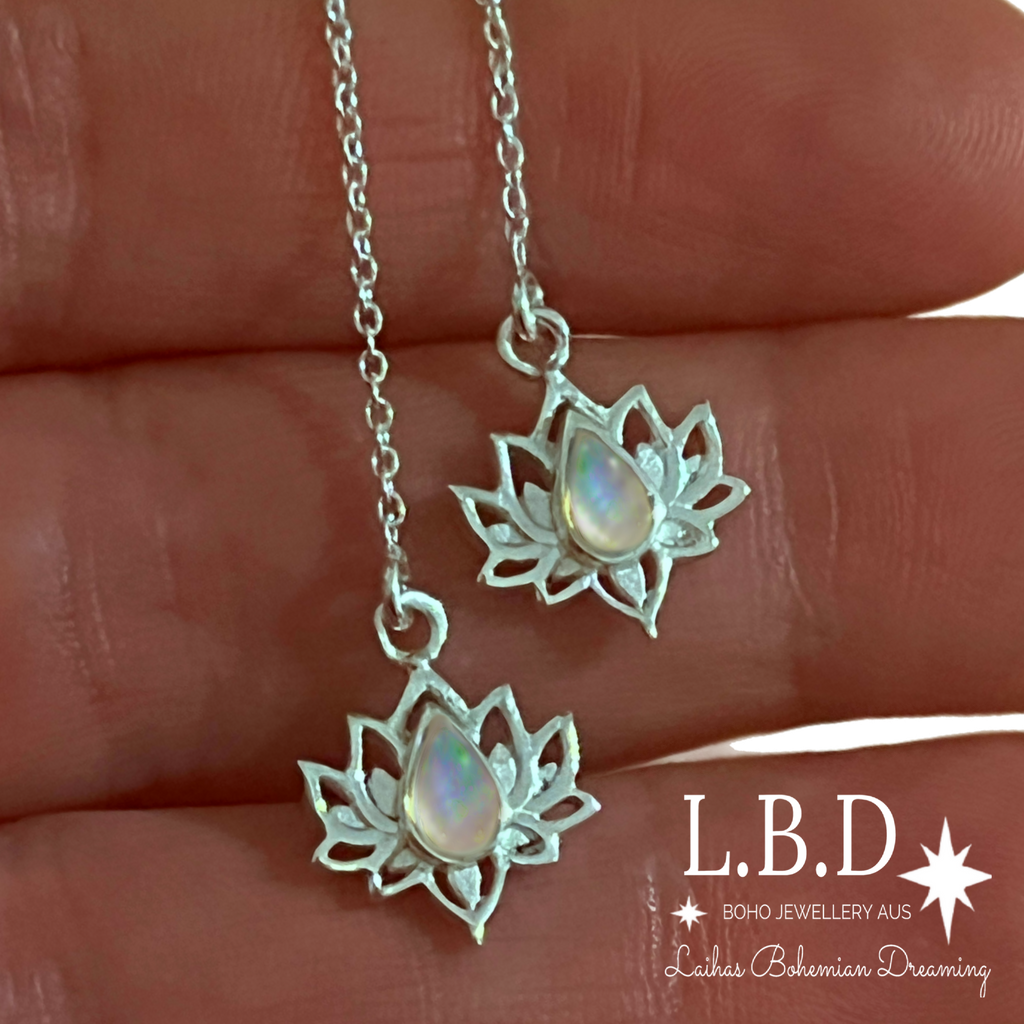 Opulent Lotus Flower Threader Style Opal Earrings Gemstone Sterling Silver Earrings Laihas Bohemian Dreaming -L.B.D