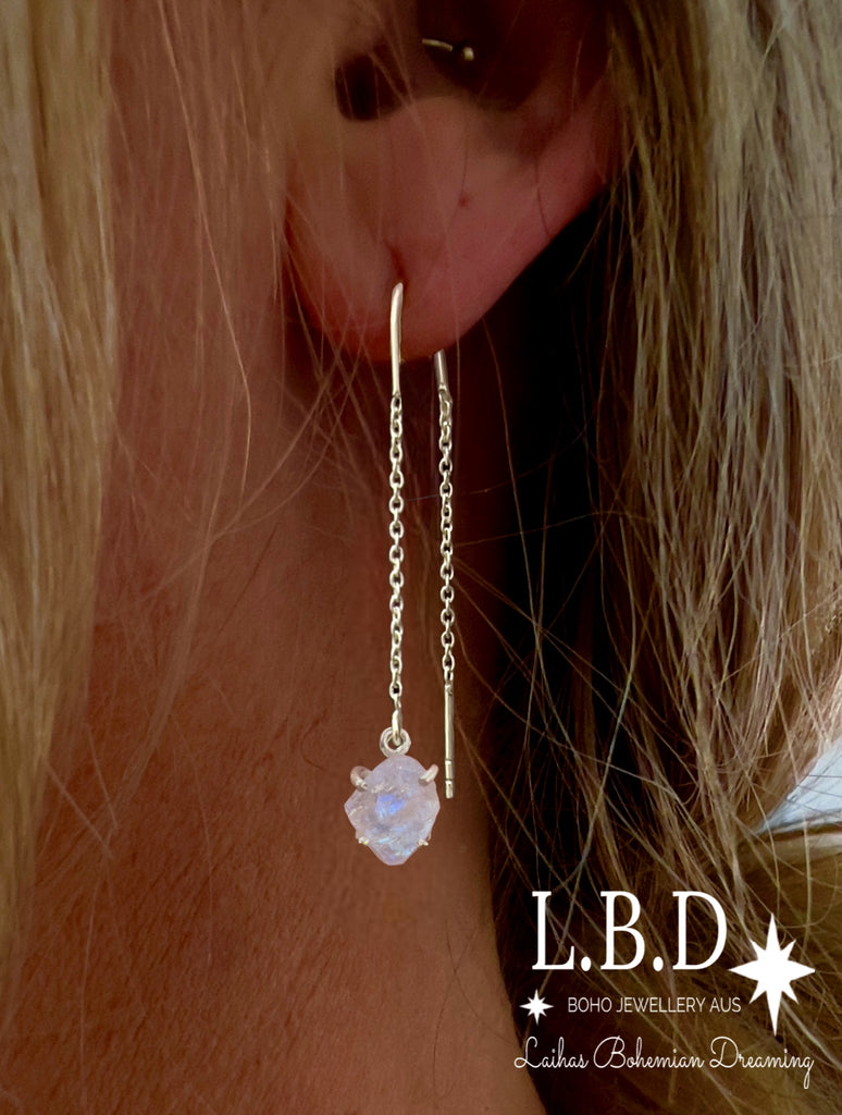 Laihas Raw Moonstone Threader Earrings Gemstone Sterling Silver Earrings Laihas Bohemian Dreaming -L.B.D