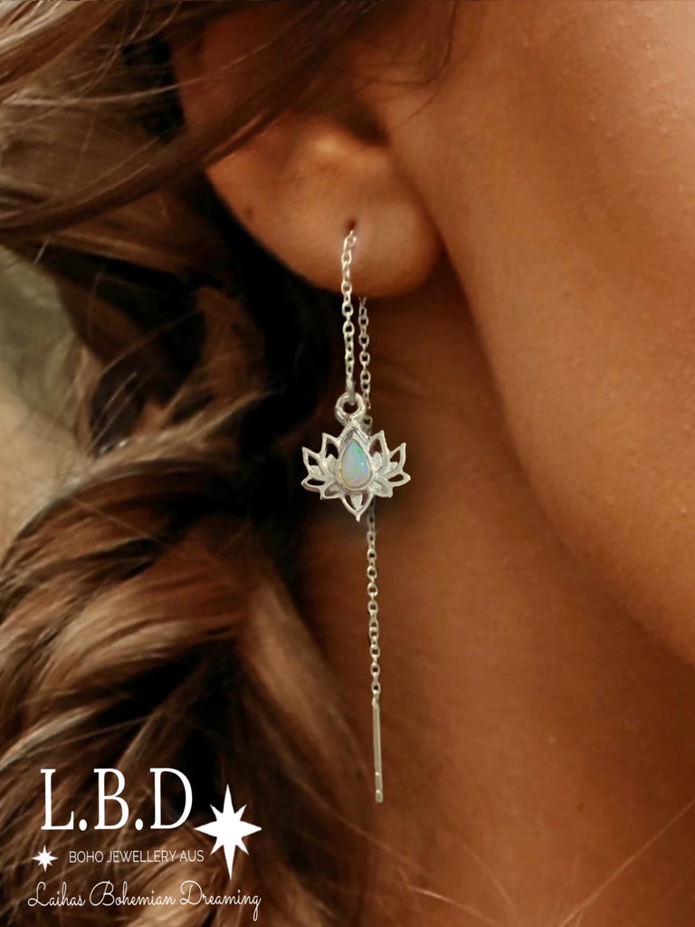 Opulent Lotus Flower Threader Style Opal Earrings Gemstone Sterling Silver Earrings Laihas Bohemian Dreaming -L.B.D