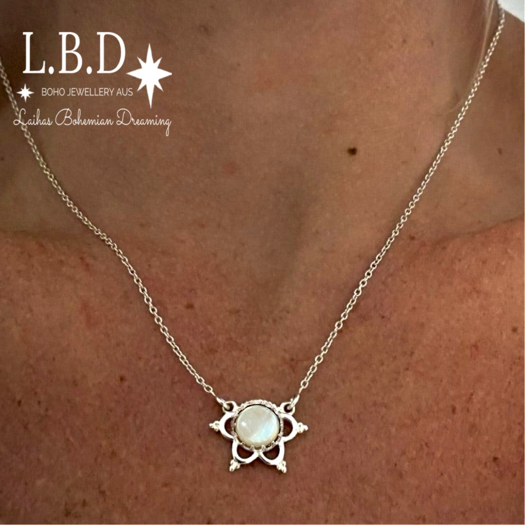Laihas Uplifting Flower Mother Of Pearl Necklace Gemstone Sterling Silver necklace Laihas Bohemian Dreaming -L.B.D
