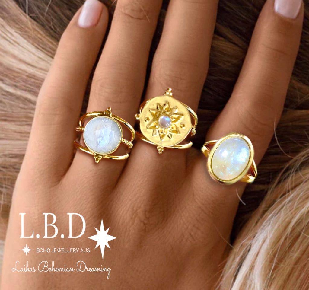 Gold Boho Rings/ moonstone rings/ crystal rings/ Gemstone rings australia/ laihas bohemian dreaming