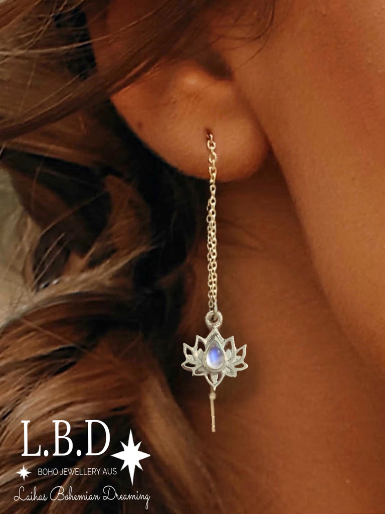 Opulent Lotus Flower Threader Style Moonstone Earrings Gemstone Sterling Silver Earrings Laihas Bohemian Dreaming -L.B.D