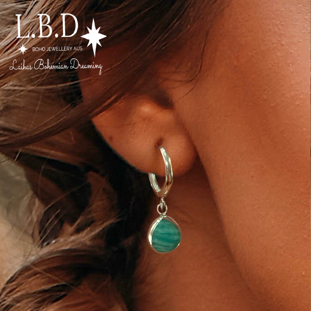 Laihas Raining Hearts Amazonite Hoop Earrings Gemstone Sterling Silver Earrings Laihas Bohemian Dreaming -L.B.D