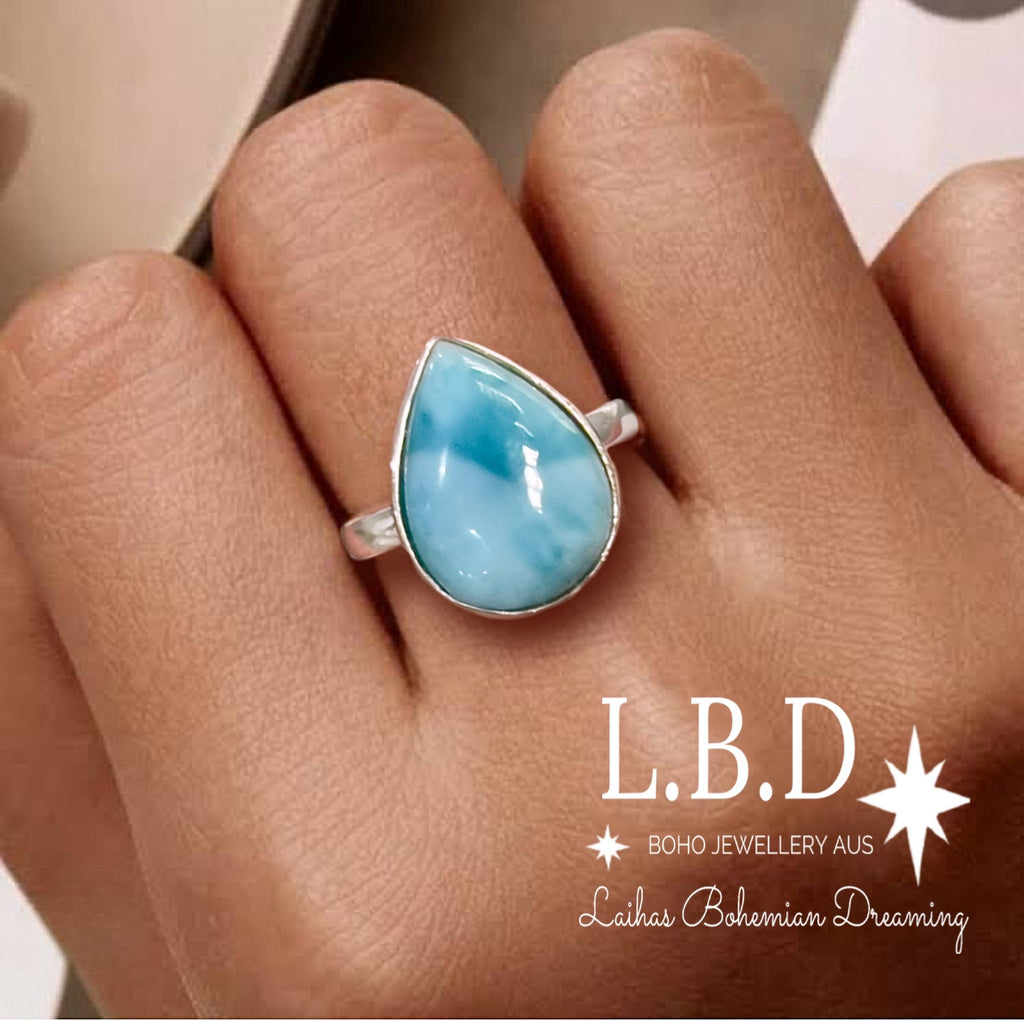 Laihas Rejuvenating Larimar Ring Gemstone Sterling Silver Ring Laihas Bohemian Dreaming -L.B.D