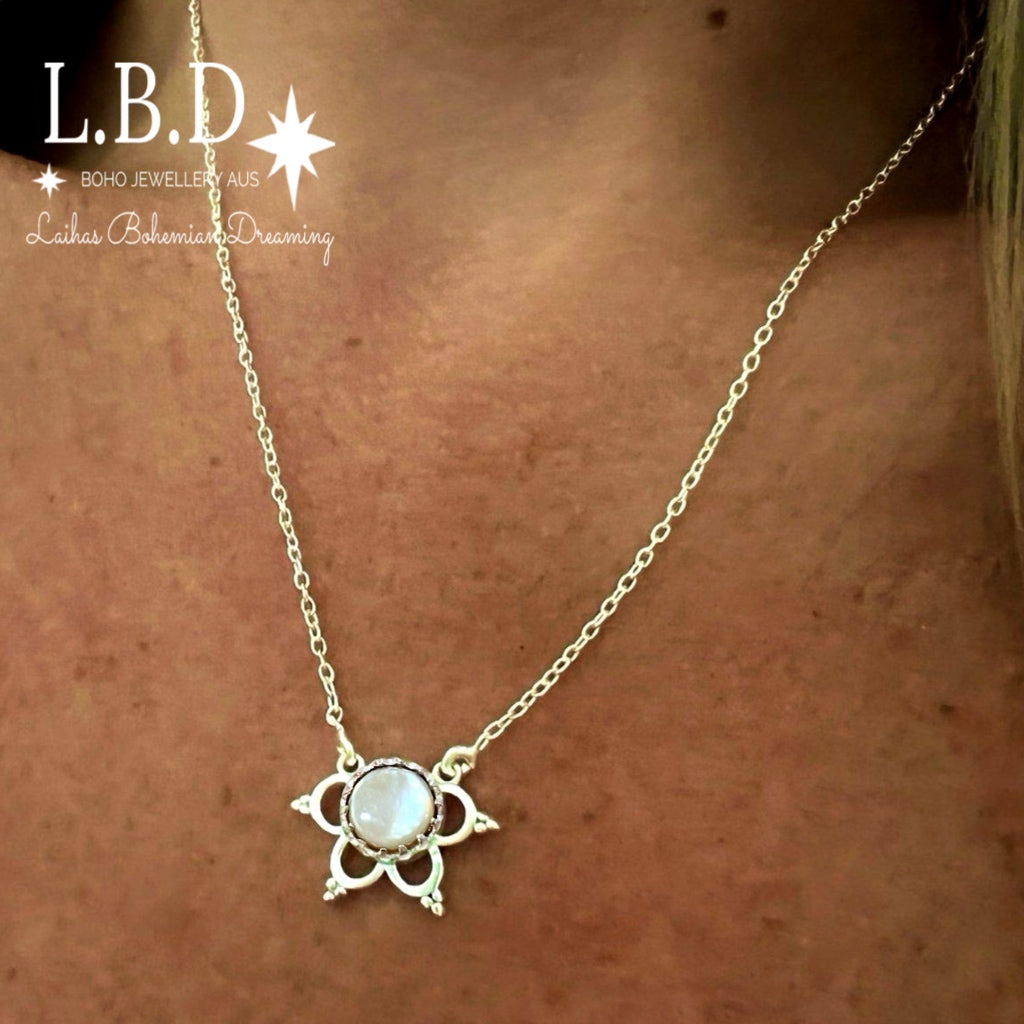 Laihas Uplifting Flower Mother Of Pearl Necklace Gemstone Sterling Silver necklace Laihas Bohemian Dreaming -L.B.D
