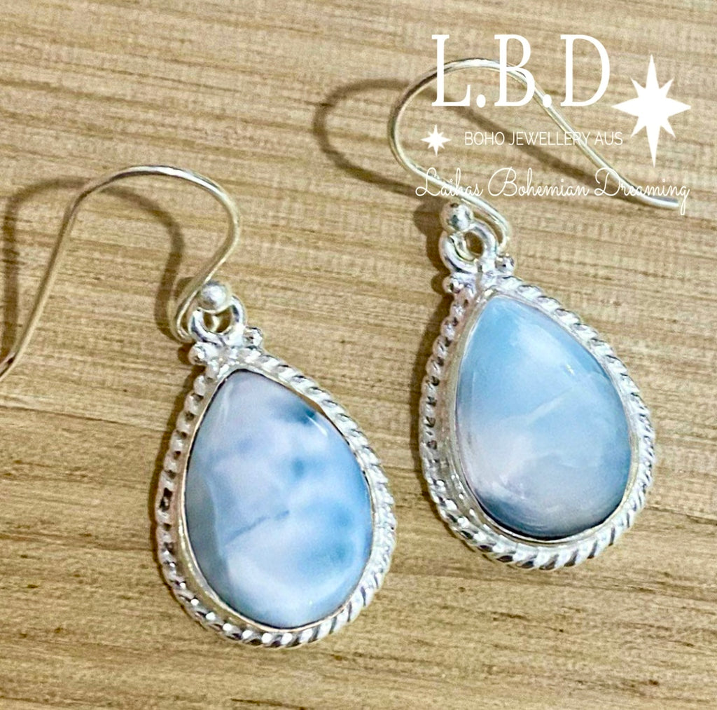 Laihas Twisted Raindrop Larimar Earrings Gemstone Sterling Silver Earrings Laihas Bohemian Dreaming -L.B.D