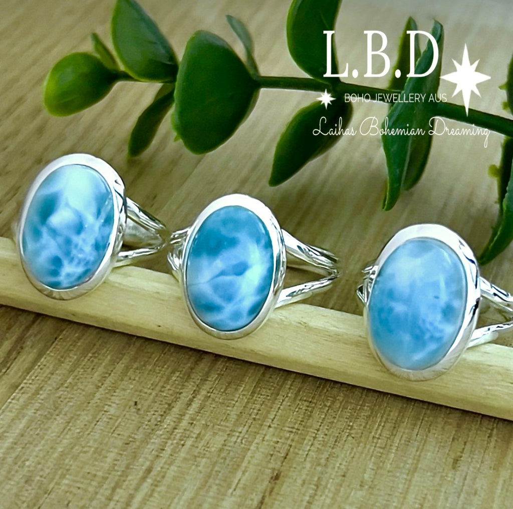 Laihas Handmade Classic Oval Larimar Ring Gemstone Sterling Silver Ring Laihas Bohemian Dreaming -L.B.D