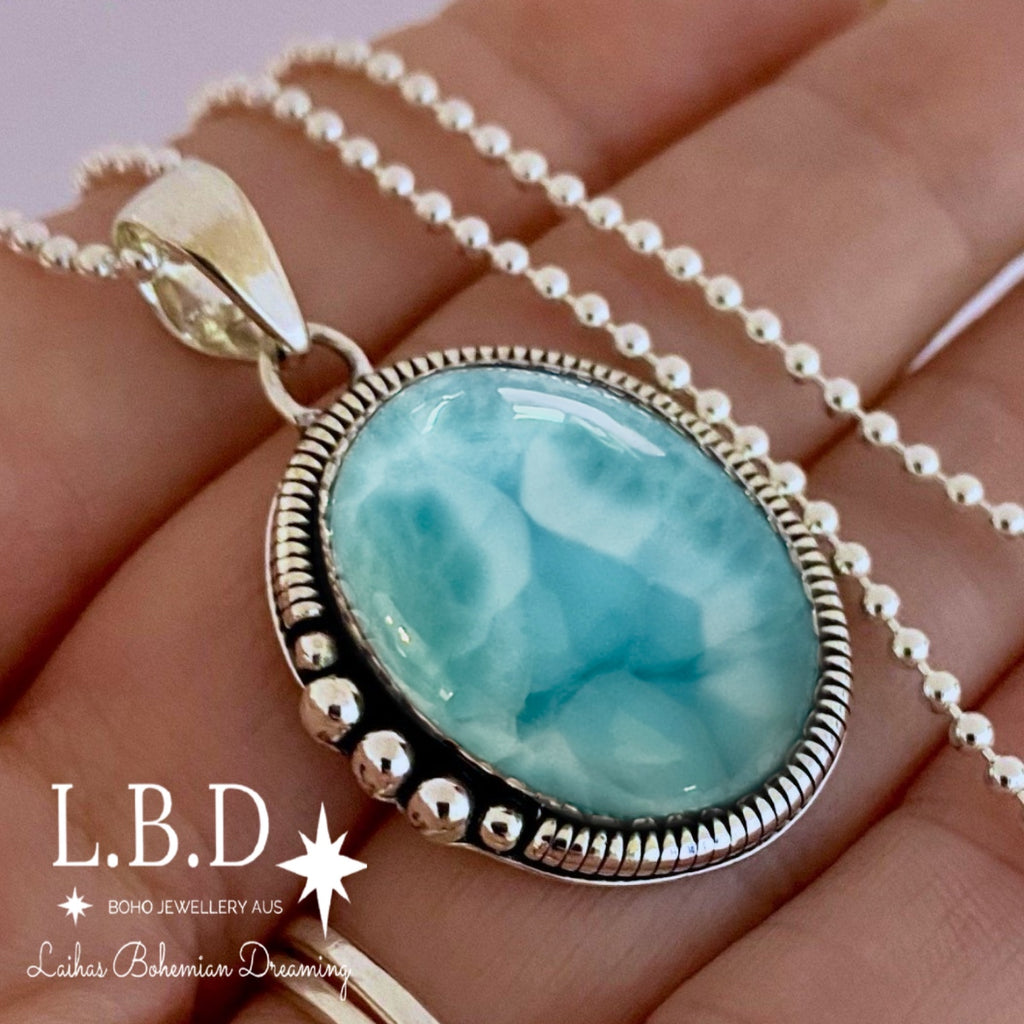 Laihas Large Bohemian Larimar Necklace Gemstone Sterling Silver necklace Laihas Bohemian Dreaming -L.B.D