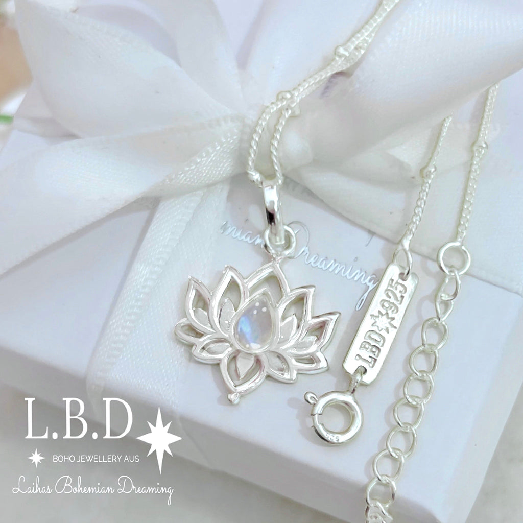 Laihas Opulent Lotus Flower Moonstone Necklace Gemstone Sterling Silver necklace Laihas Bohemian Dreaming -L.B.D