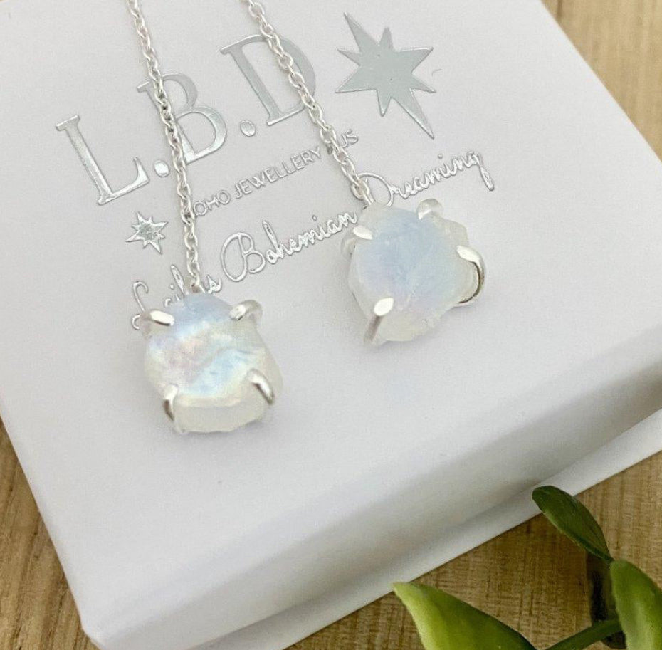 Laihas Raw Moonstone Threader Earrings Gemstone Sterling Silver Earrings Laihas Bohemian Dreaming -L.B.D
