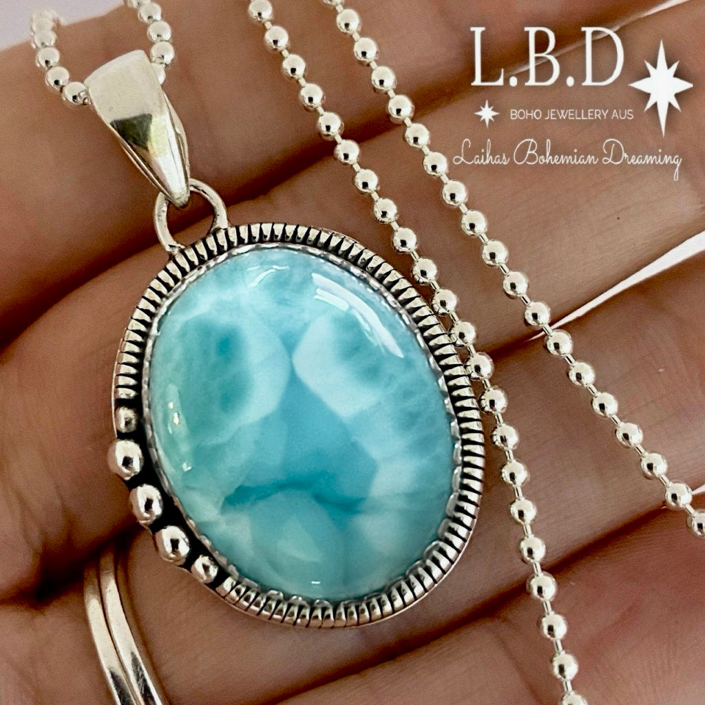 Laihas Large Bohemian Larimar Necklace Gemstone Sterling Silver necklace Laihas Bohemian Dreaming -L.B.D