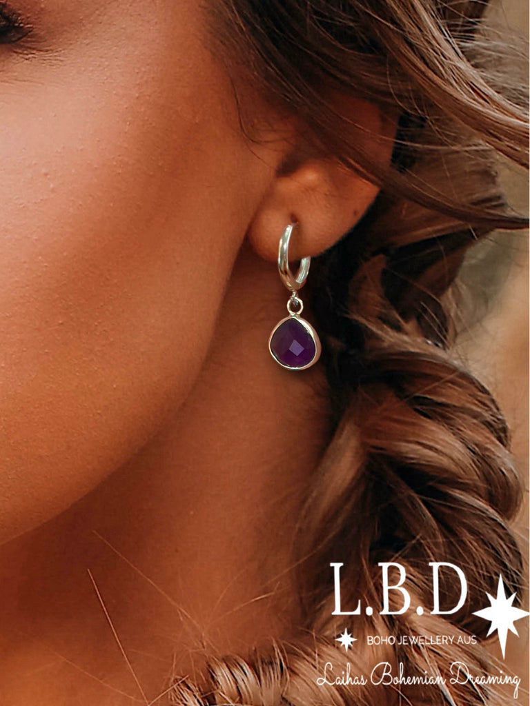 Laihas Raining Hearts Amethyst Hoop Earrings Gemstone Sterling Silver Earrings Laihas Bohemian Dreaming -L.B.D