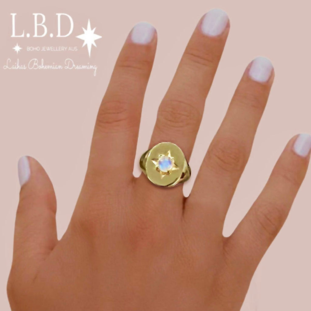 Laihas Hope & Guiding Light Gold Moonstone Ring- Signet Ring Gemstone Gold Ring Laihas Bohemian Dreaming -L.B.D