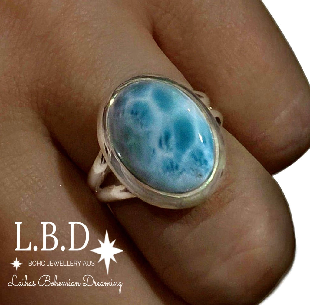 Laihas Classic Chic Oval Larimar Ring Gemstone Sterling Silver Ring Laihas Bohemian Dreaming -L.B.D