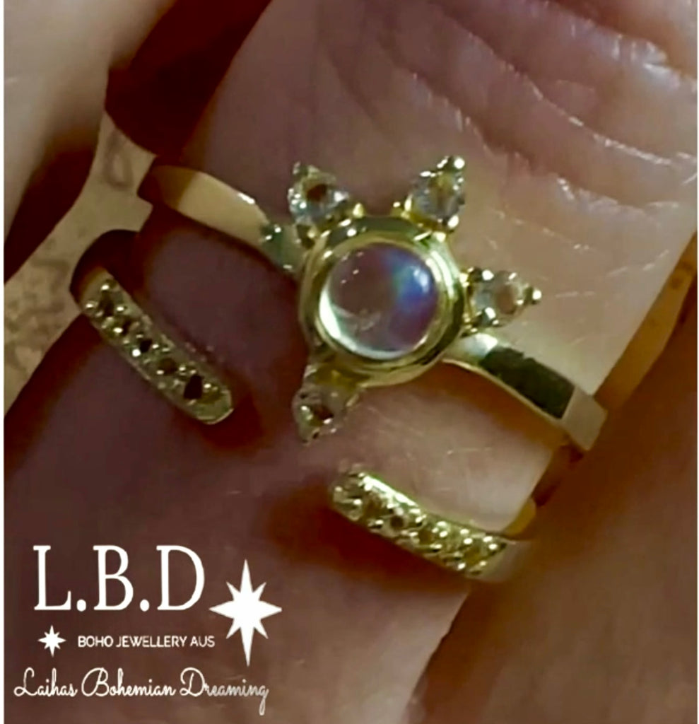 Luxury Solar Burst Moonstone & Topaz Gold Ring Gemstone Gold Ring Laihas Bohemian Dreaming -L.B.D