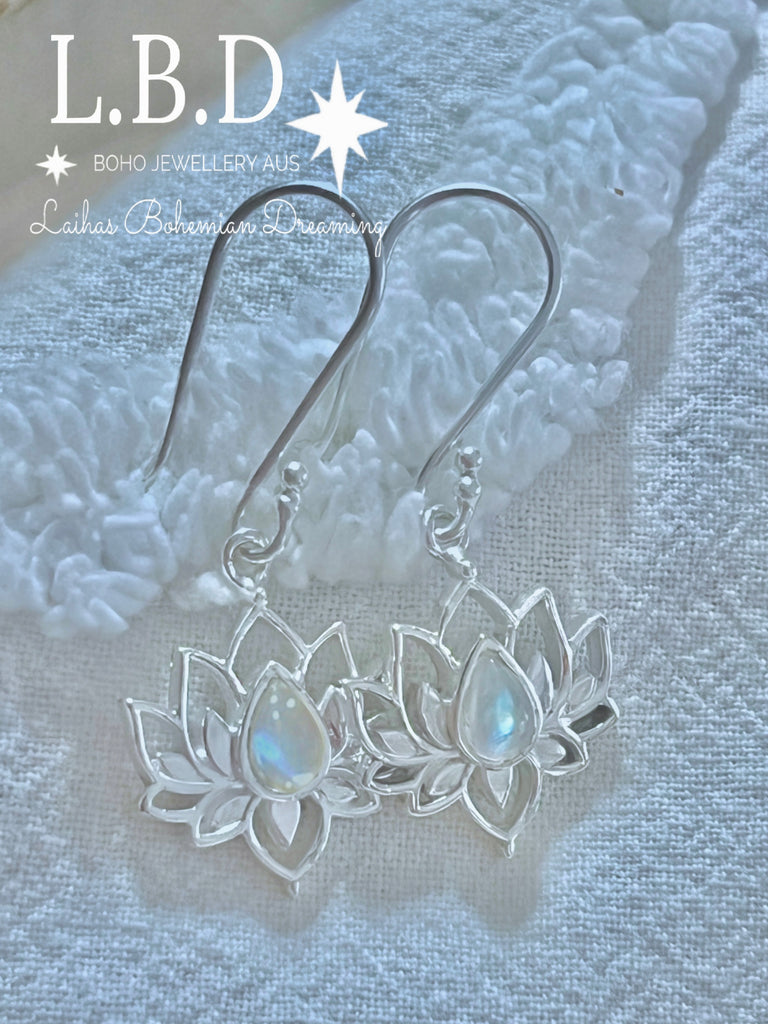 Laihas Opulent Lotus Flower Moonstone Earrings Gemstone Sterling Silver Earrings Laihas Bohemian Dreaming -L.B.D