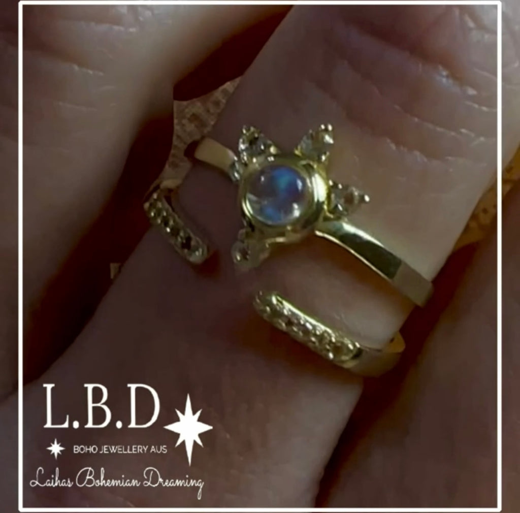 Luxury Solar Burst Moonstone & Topaz Gold Ring Set Gemstone Gold Ring Laihas Bohemian Dreaming -L.B.D