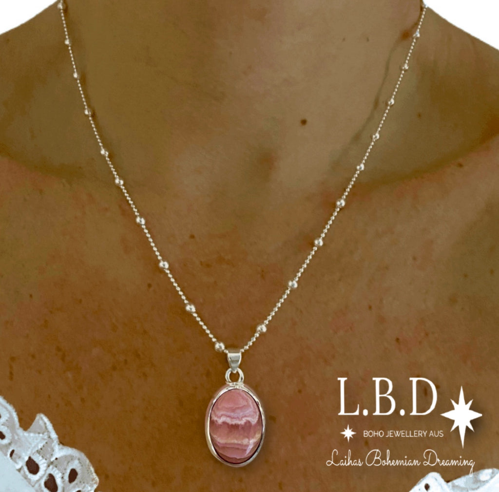 Laihas Classic Chic Oval Rhodochrosite Necklace Gemstone Sterling Silver necklace Laihas Bohemian Dreaming -L.B.D