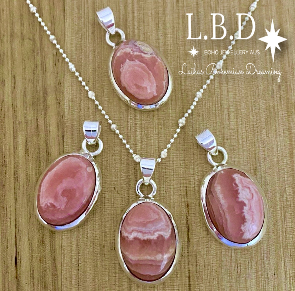 Laihas Classic Chic Oval Rhodochrosite Necklace Gemstone Sterling Silver necklace Laihas Bohemian Dreaming -L.B.D