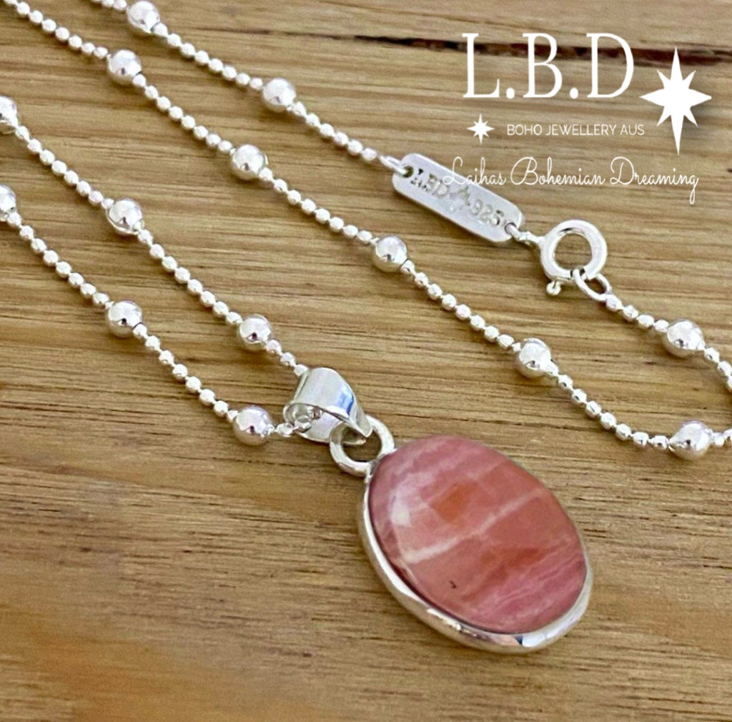 Laihas Classic Chic Oval Rhodochrosite Necklace Gemstone Sterling Silver necklace Laihas Bohemian Dreaming -L.B.D