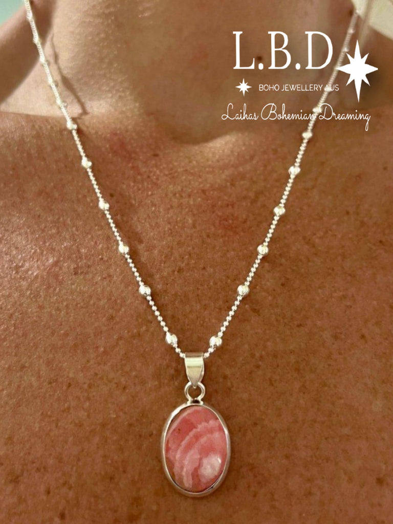 Laihas Classic Chic Oval Rhodochrosite Necklace Gemstone Sterling Silver necklace Laihas Bohemian Dreaming -L.B.D