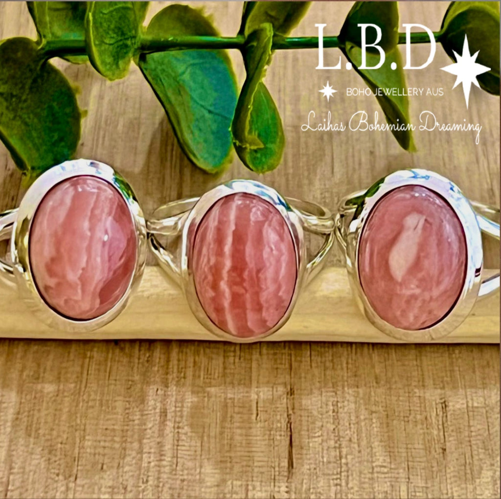 Laihas Classic Chic Oval Rhodochrosite Ring Gemstone Sterling Silver Ring Laihas Bohemian Dreaming -L.B.D