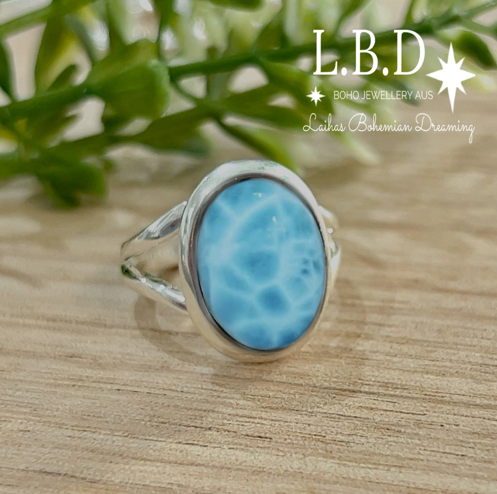 Laihas Handmade Classic Oval Larimar Ring Gemstone Sterling Silver Ring Laihas Bohemian Dreaming -L.B.D