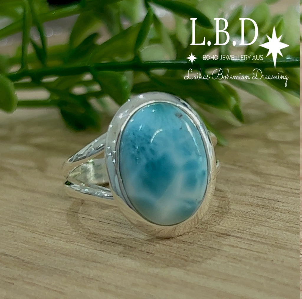 Laihas Handmade Classic Oval Larimar Ring Gemstone Sterling Silver Ring Laihas Bohemian Dreaming -L.B.D