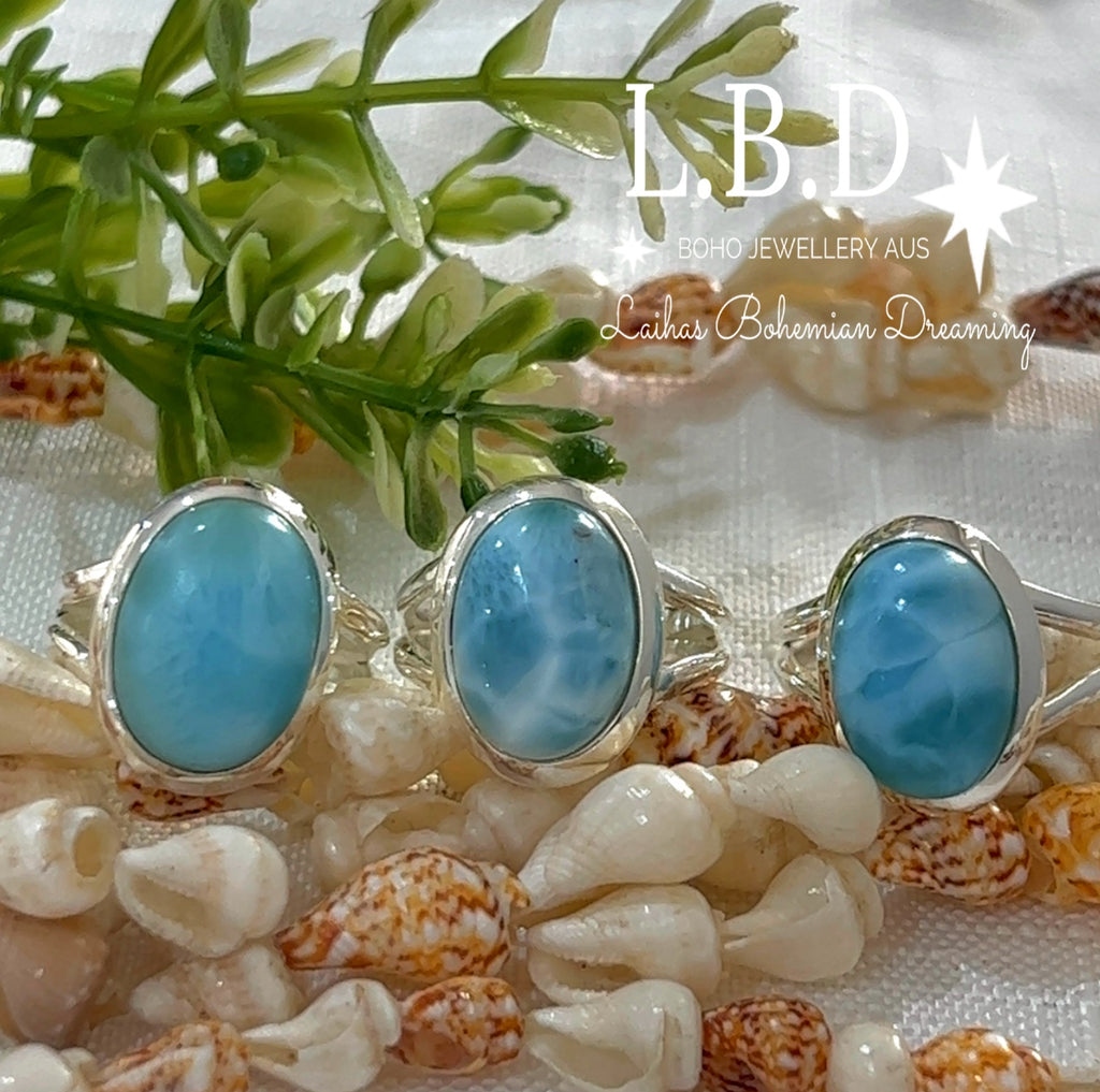 Laihas Handmade Classic Oval Larimar Ring Gemstone Sterling Silver Ring Laihas Bohemian Dreaming -L.B.D