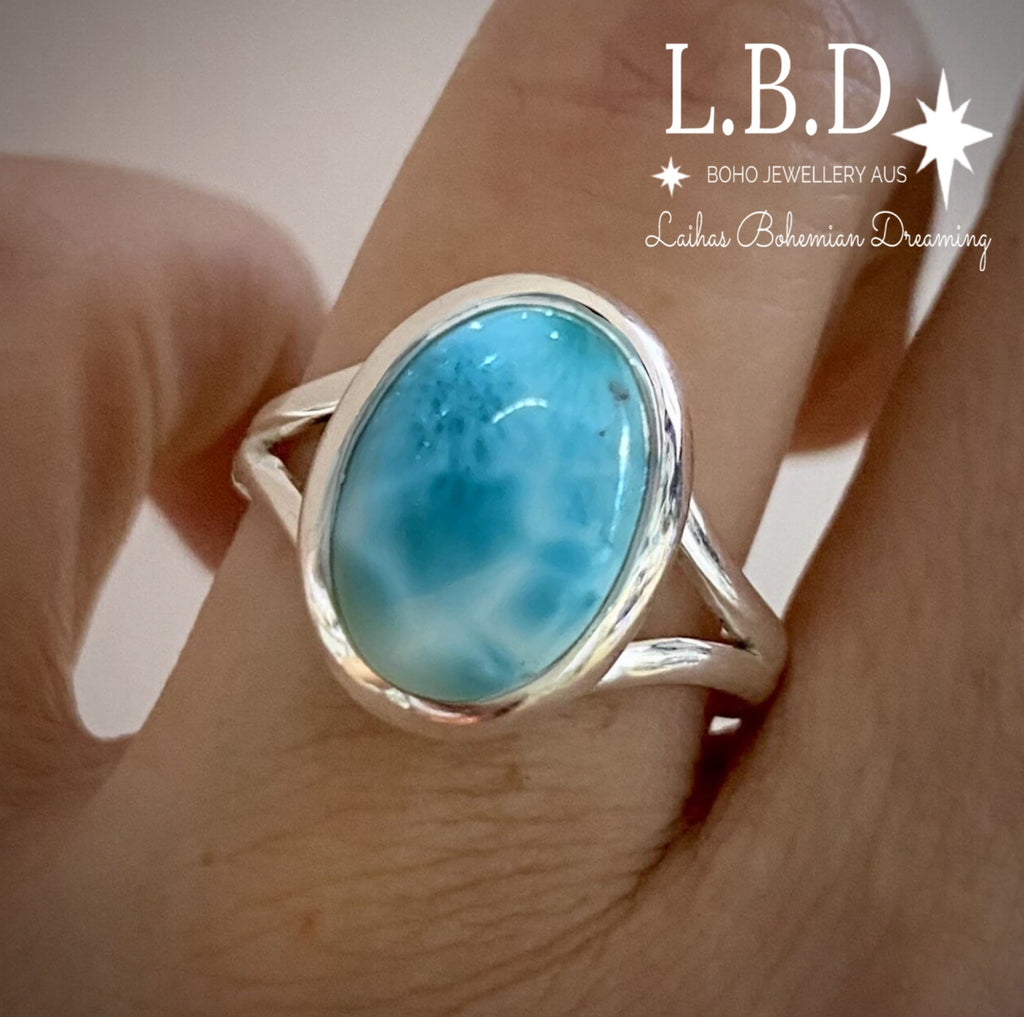 Laihas Handmade Classic Oval Larimar Ring Gemstone Sterling Silver Ring Laihas Bohemian Dreaming -L.B.D