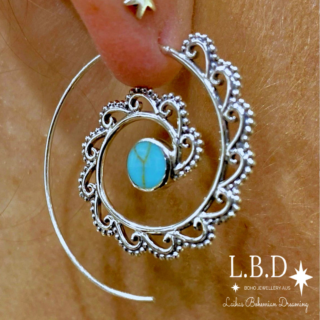 Laihas Boho Spiral Hoop, Sterling Silver Turquoise Earrings Gemstone Sterling Silver Earrings Laihas Bohemian Dreaming -L.B.D