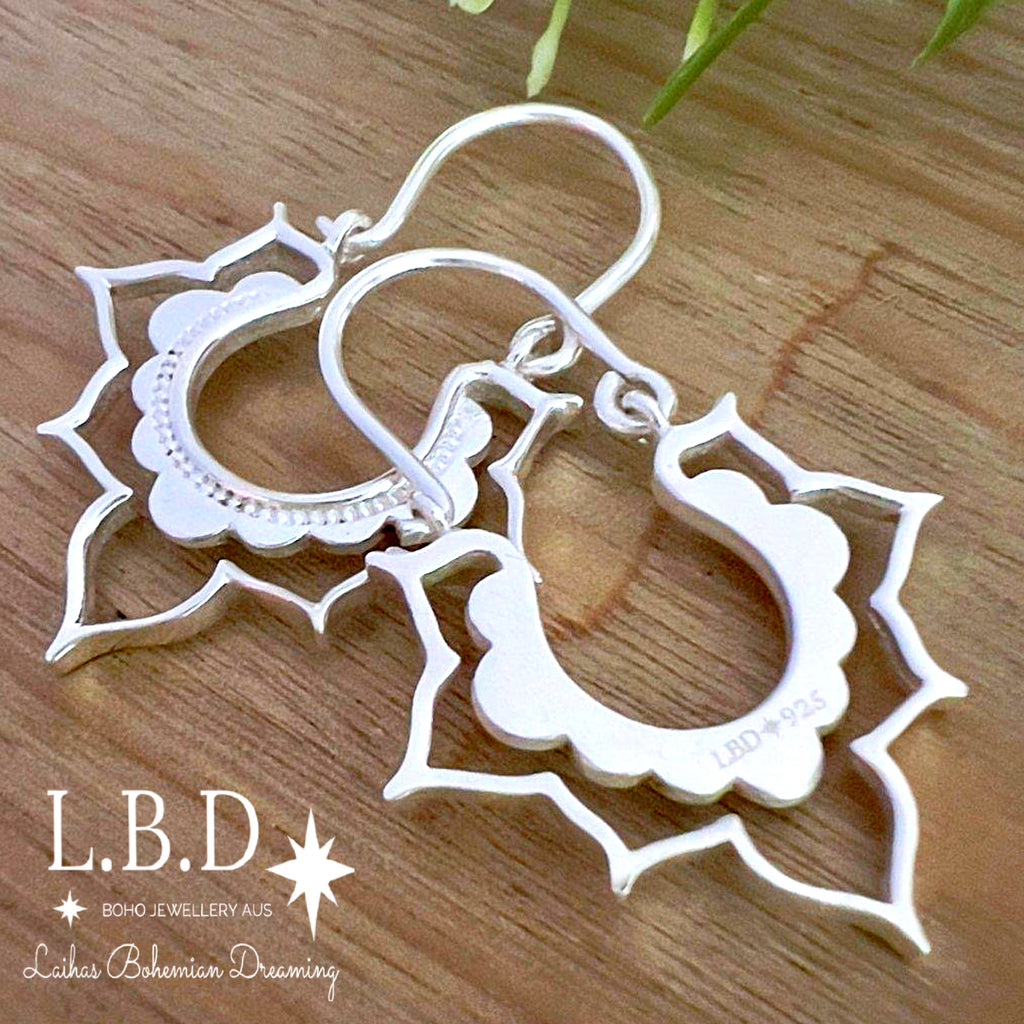 Laihas Large Bohemian Lotus Flower Sterling Silver Hoop Earrings Sterling Silver Earrings Laihas Bohemian Dreaming -L.B.D