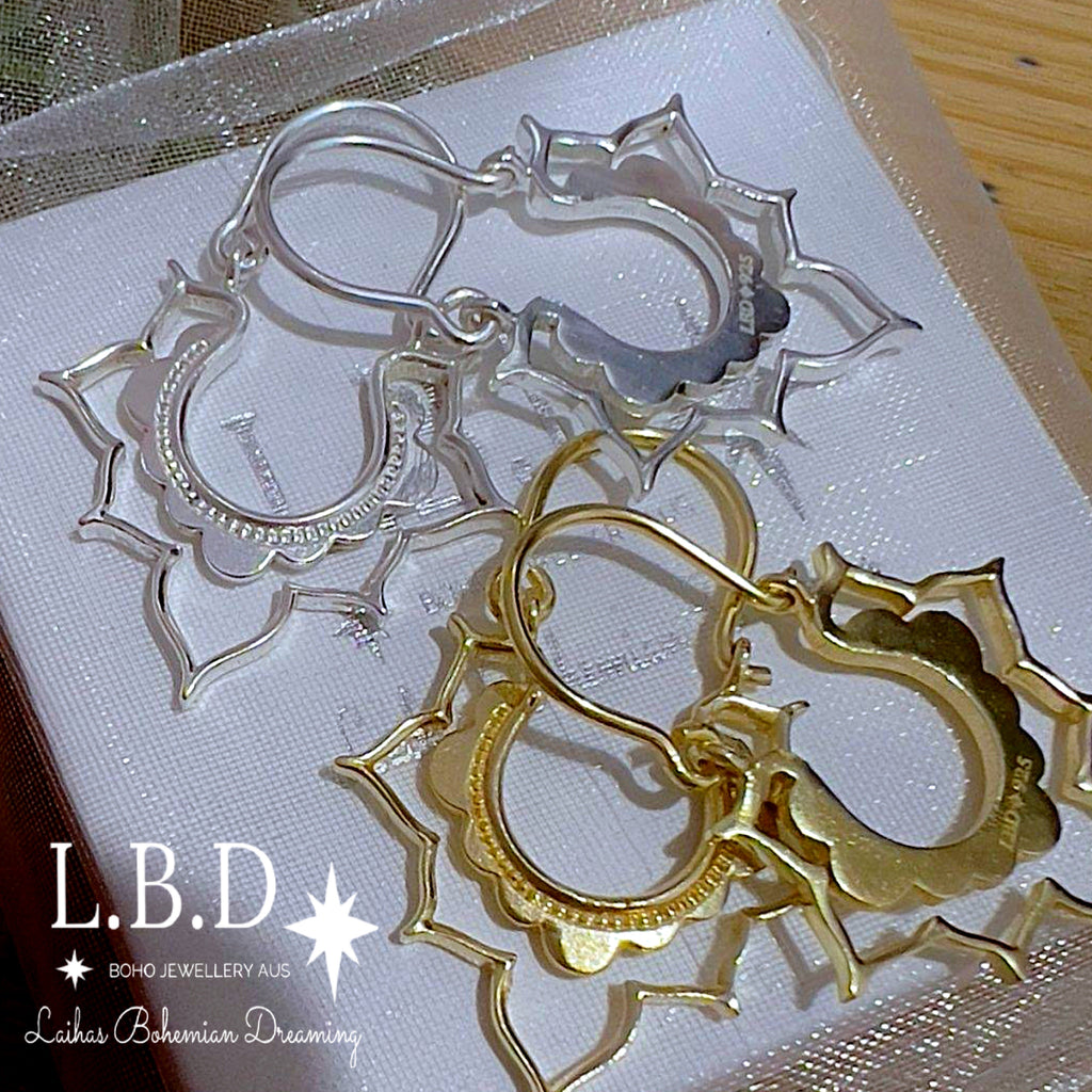 Laihas Large Bohemian Lotus Flower Sterling Silver Hoop Earrings Sterling Silver Earrings Laihas Bohemian Dreaming -L.B.D
