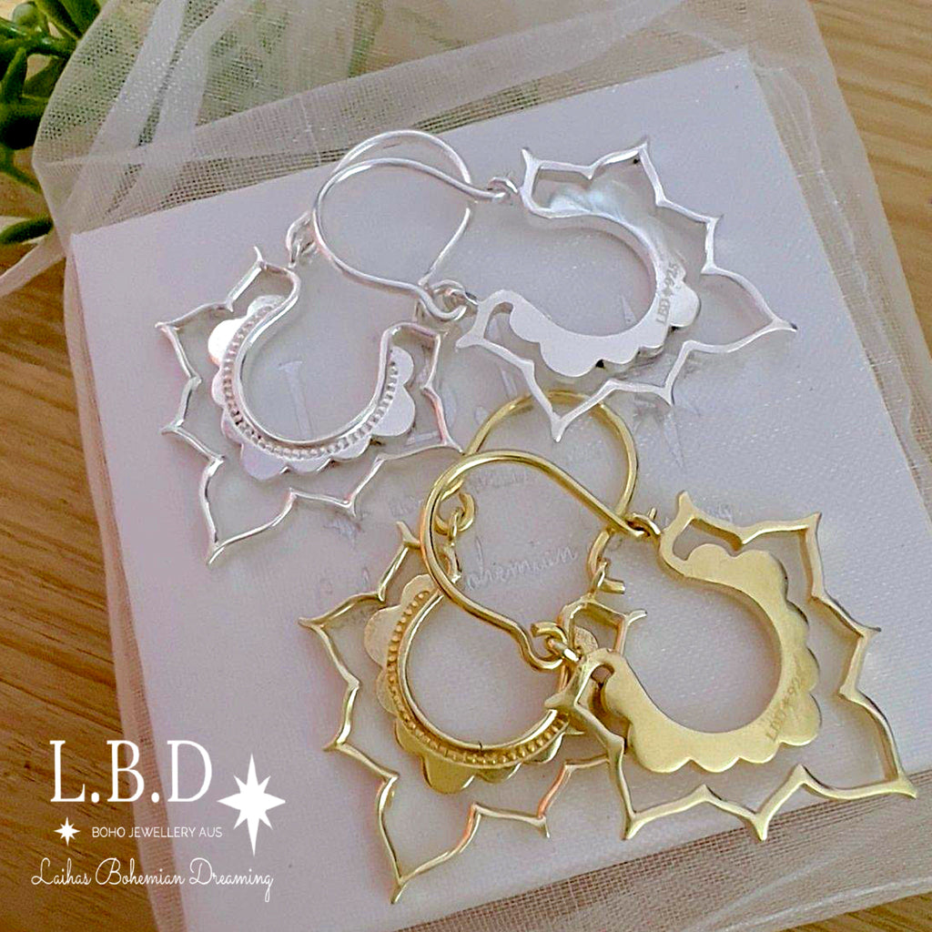 Laihas Large Bohemian Lotus Flower Sterling Silver Hoop Earrings Sterling Silver Earrings Laihas Bohemian Dreaming -L.B.D